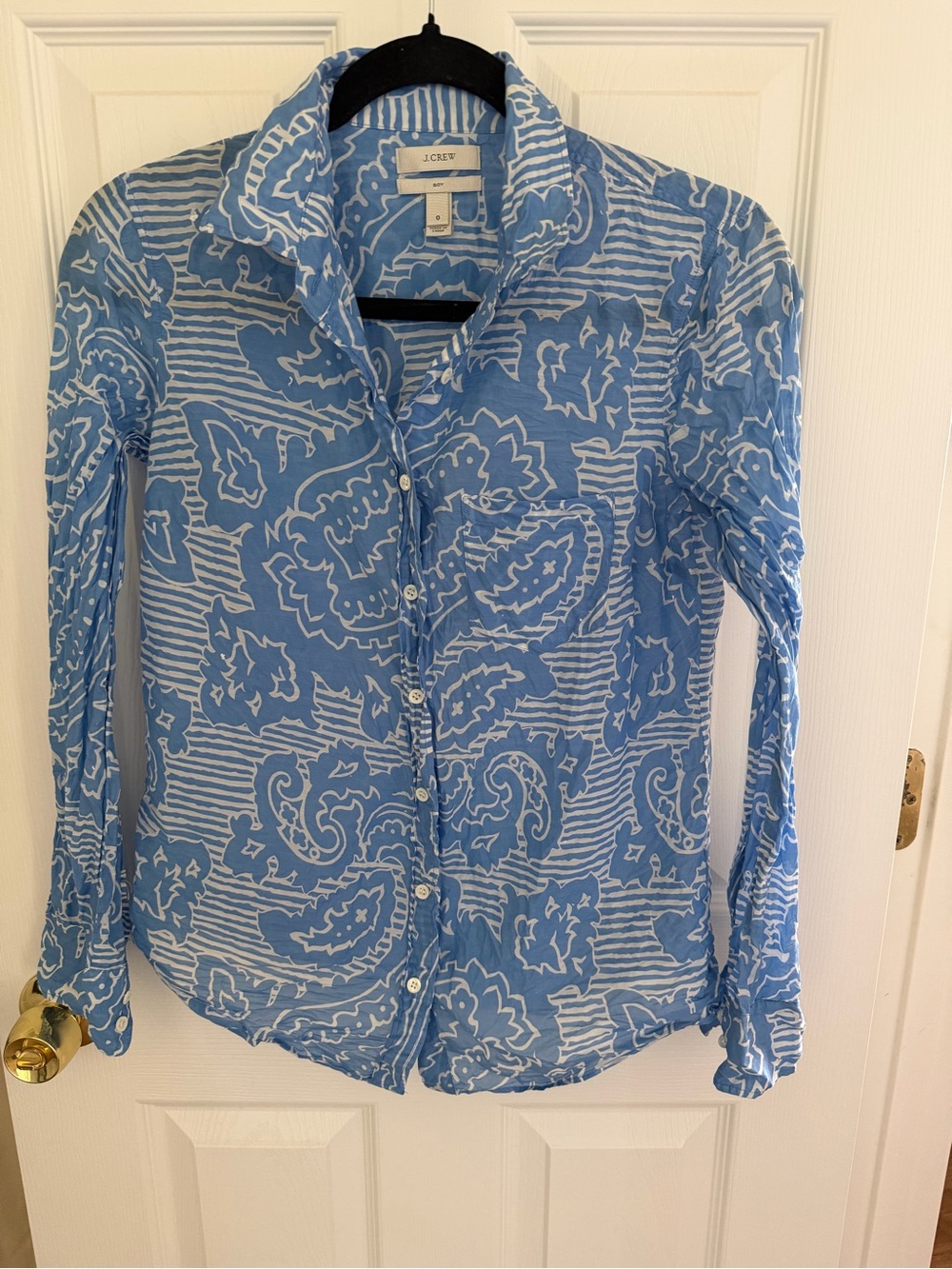 J. Crew Blue White Patterned Silk Blend Boy Shirt Size 0